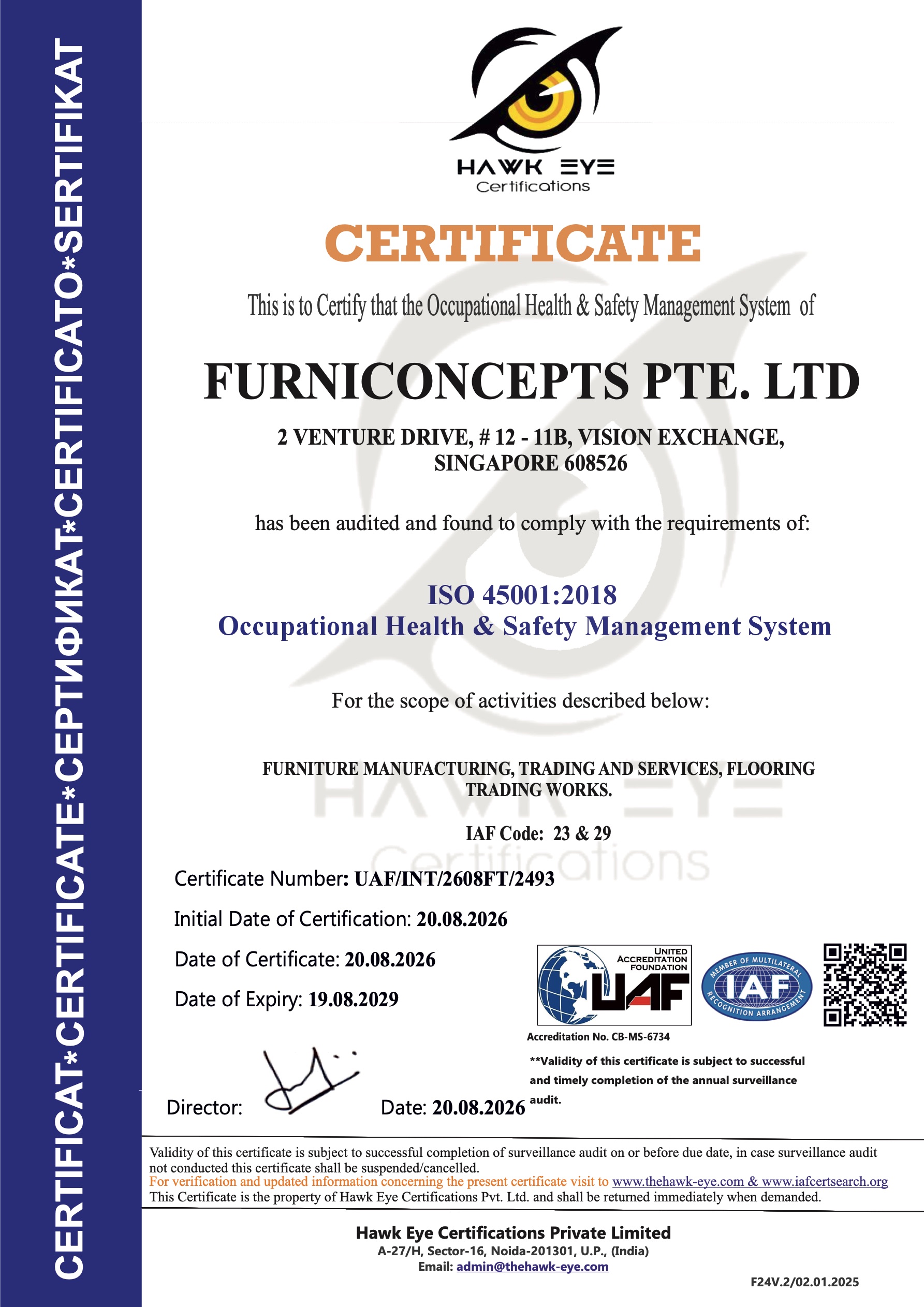 ISO 45001:2018 Certificate – Furniconcepts Pte. Ltd.